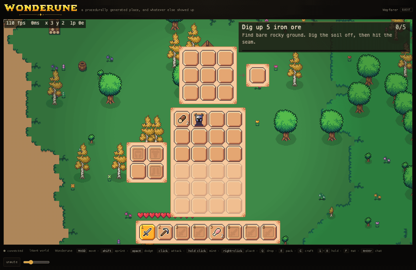 The Wonderune crafting grid, armour slots, hotbar, and backpack open over the game world
